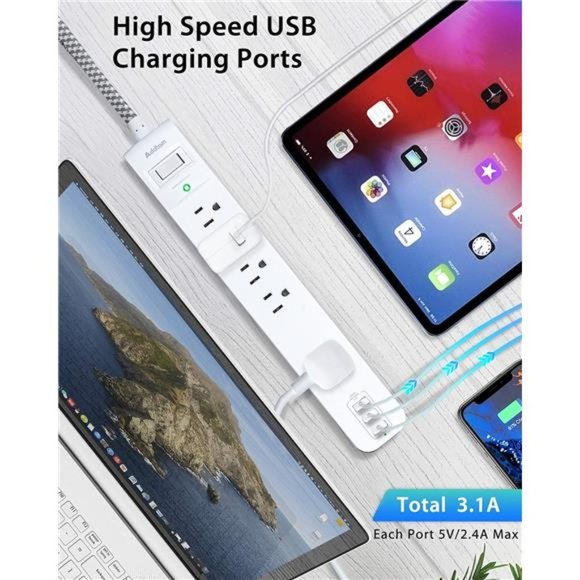 2 Pack Power Strip Surge Protector - 5 Outlets 3 USB Charging Ports w/ 5Ft,White - Picture 5 of 7
